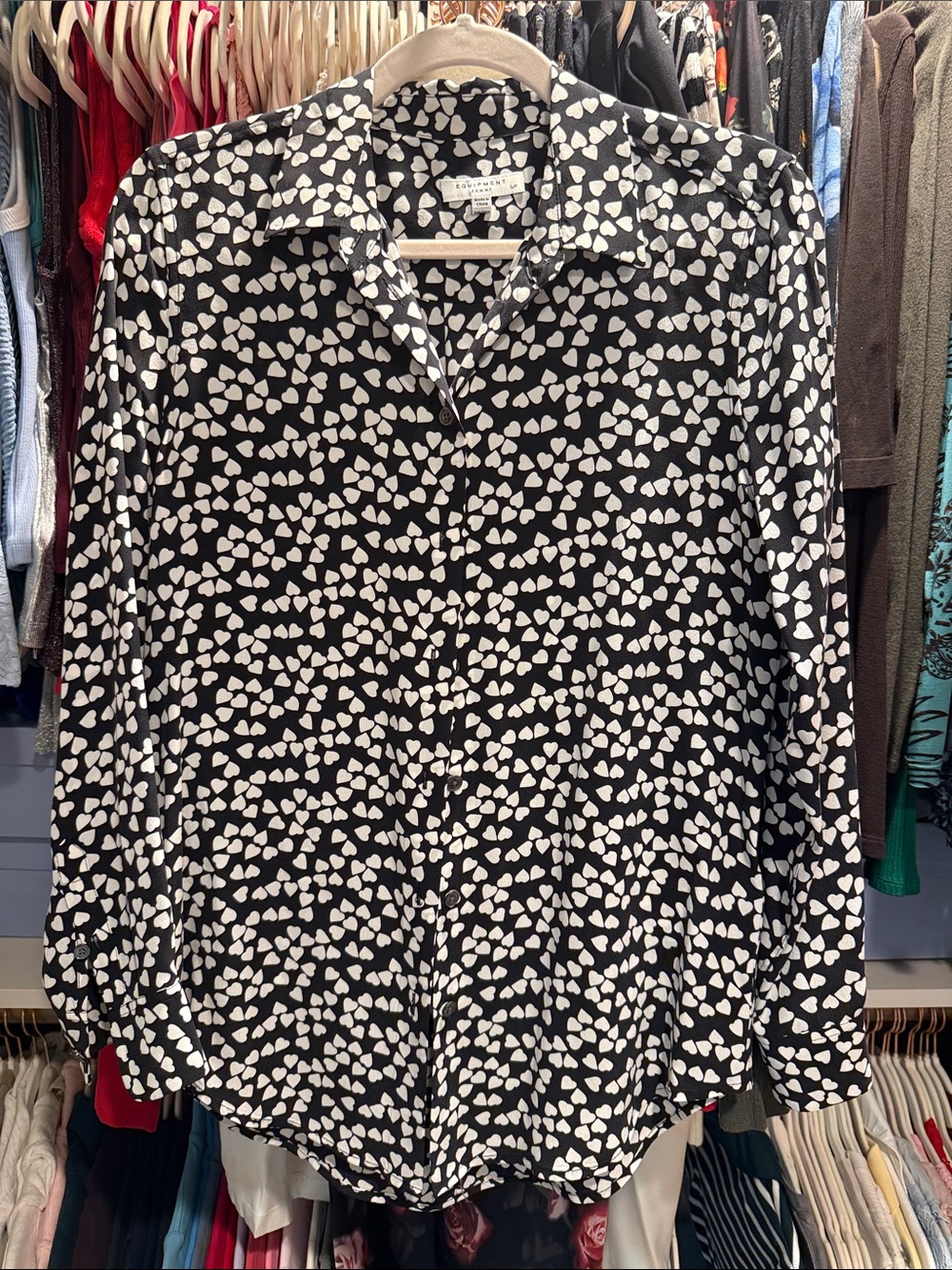 Equipment Black and White Heart-Print Button Down Silk Shirt